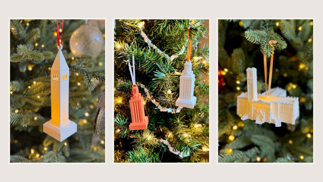Collection of collegiate ornaments featuring iconic campus landmarks, displayed as decor ideas in a blog post about year-round decorating tips.