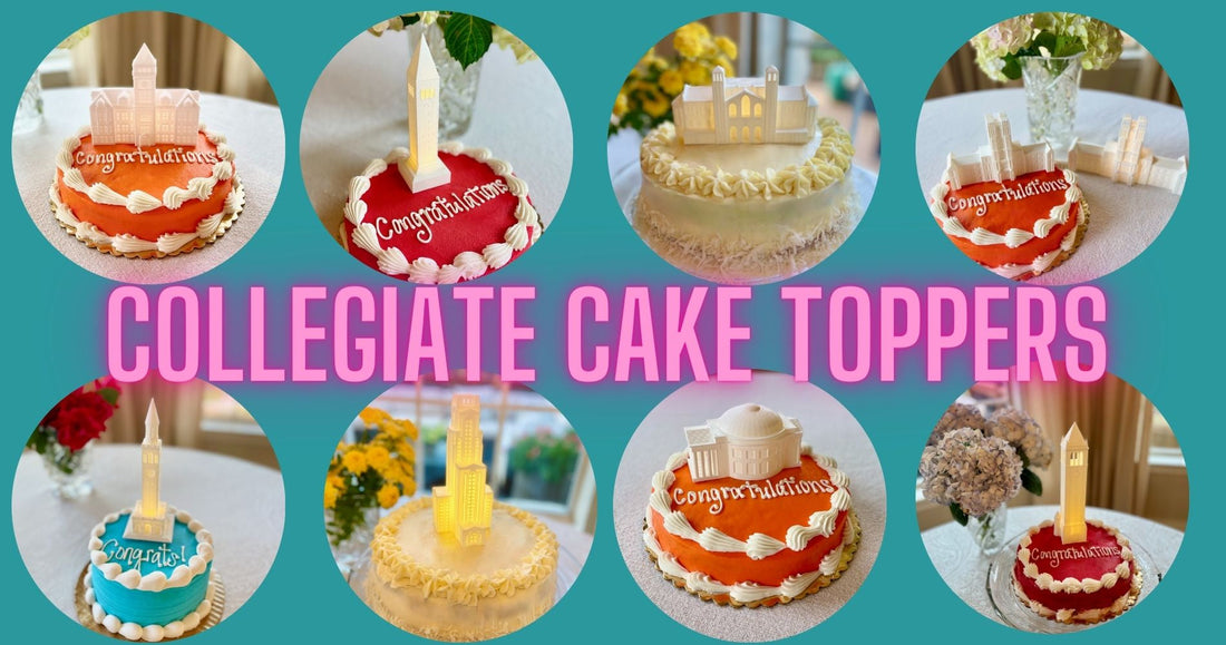 College cake toppers, shown on various university graduation cakes, groom's cakes, and birthday cakes