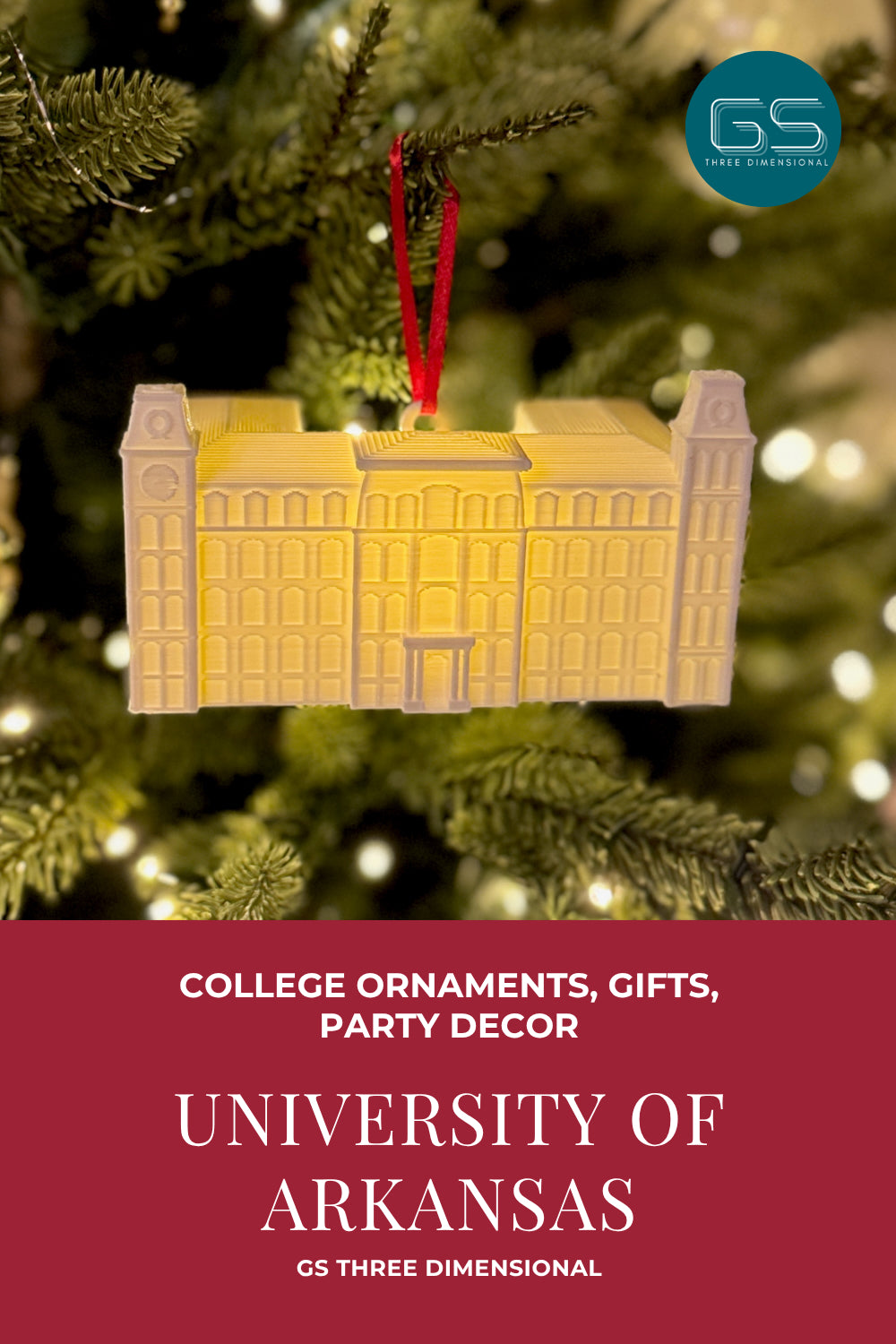 University of Arkansas ornament on a Christmas tree with 'GS Three Dimensional' branding.
