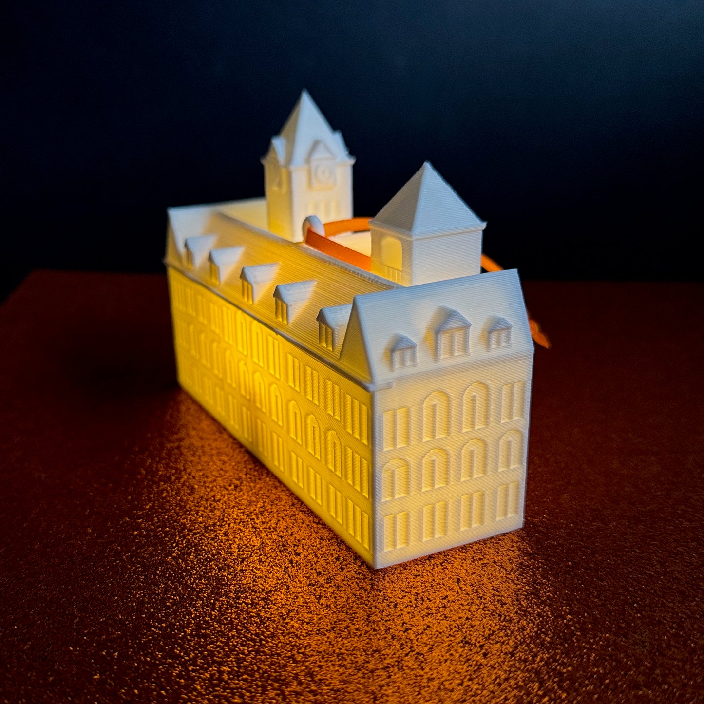 The Auburn Samford Hall ornament, shown from a side view.