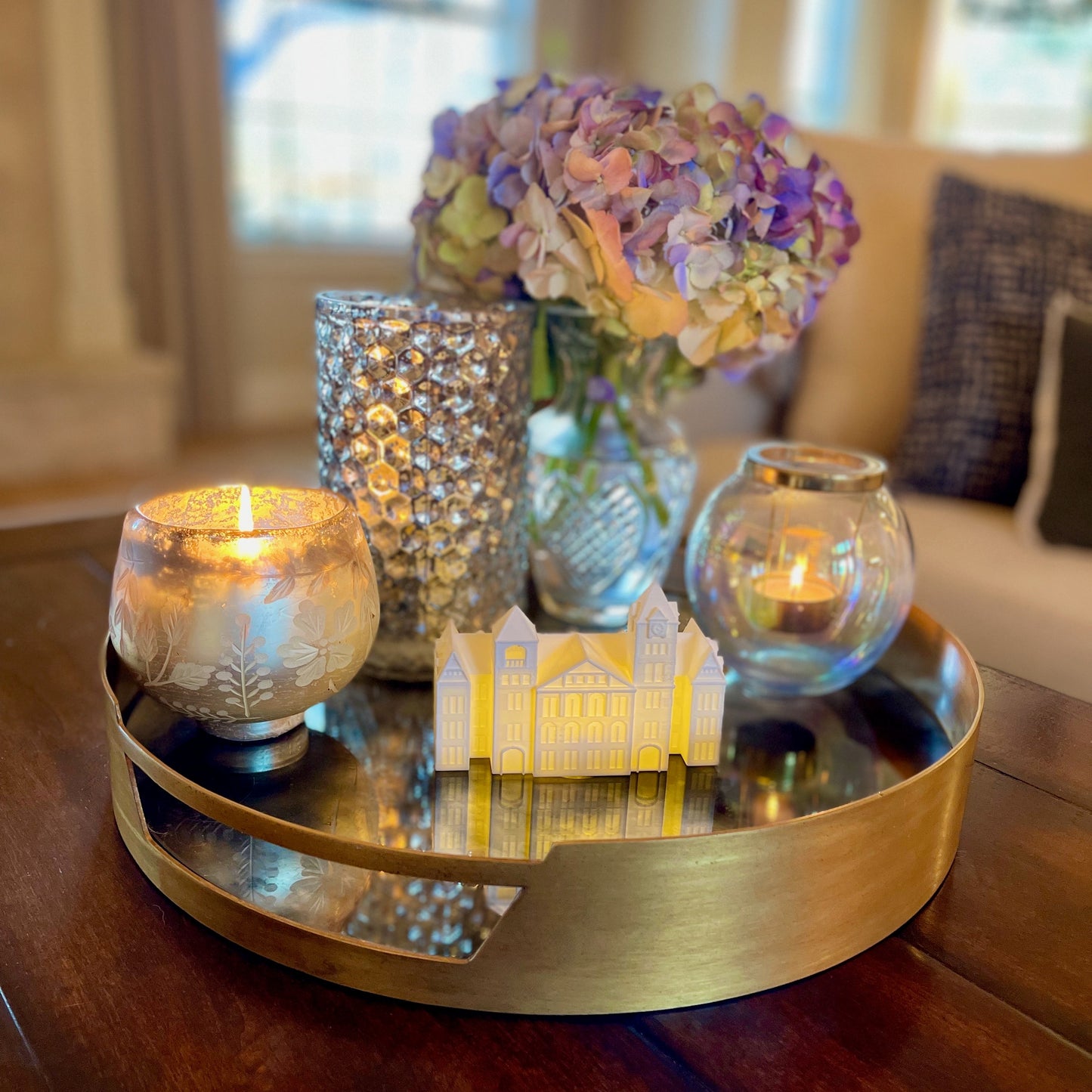 The Auburn keepsake of Samford Hall, shown on a living room tray.