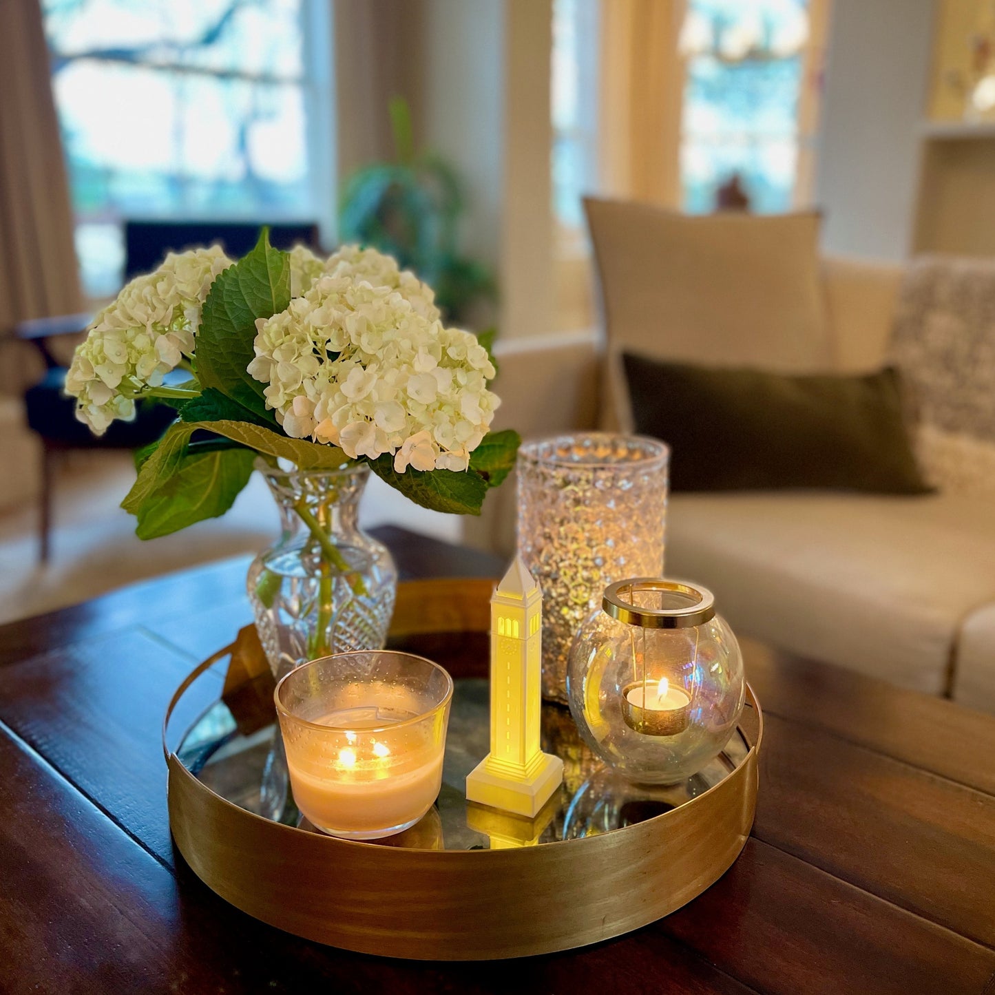 The Berkeley Campanile campus light, shown styled in a home and used as a gift.