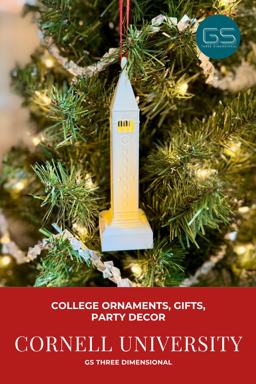 Cornell University Tower ornament on a Christmas tree with 'GS Three Dimensional' branding.