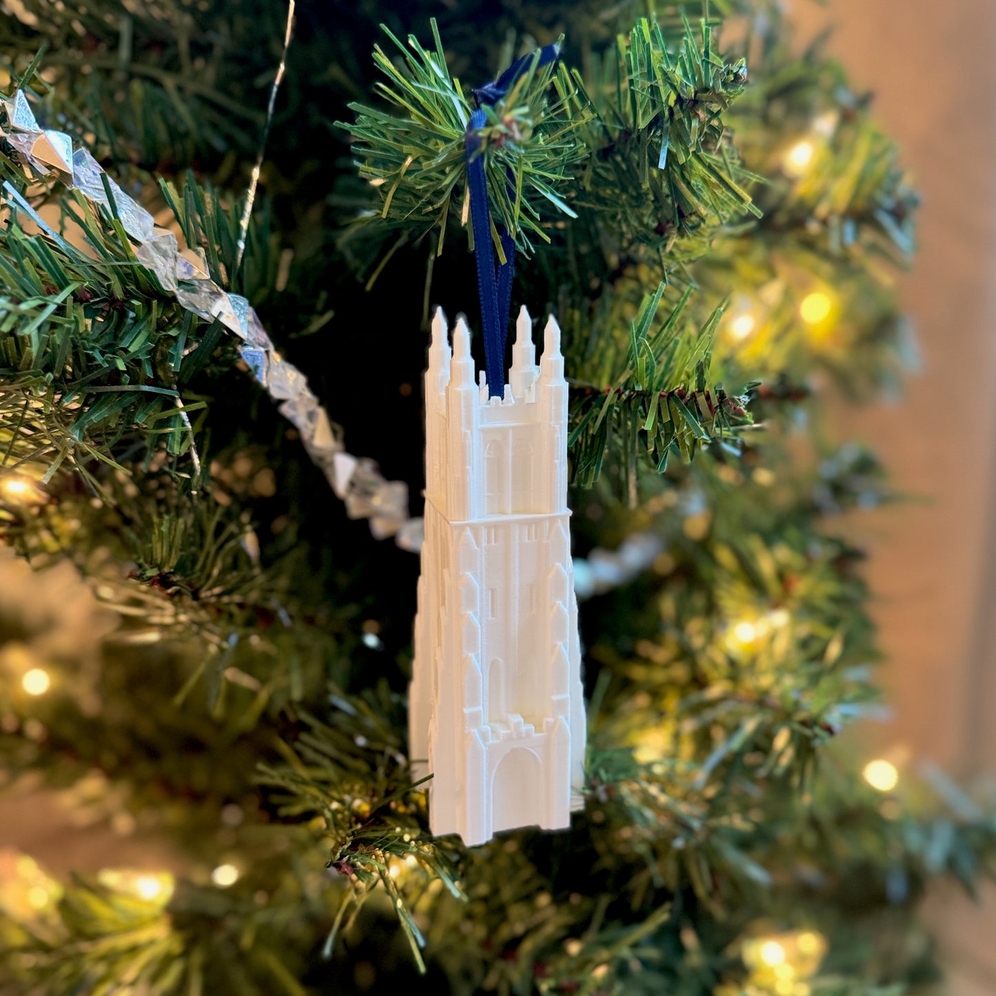The Duke University ornament, shown in detail on a Duke Tree.