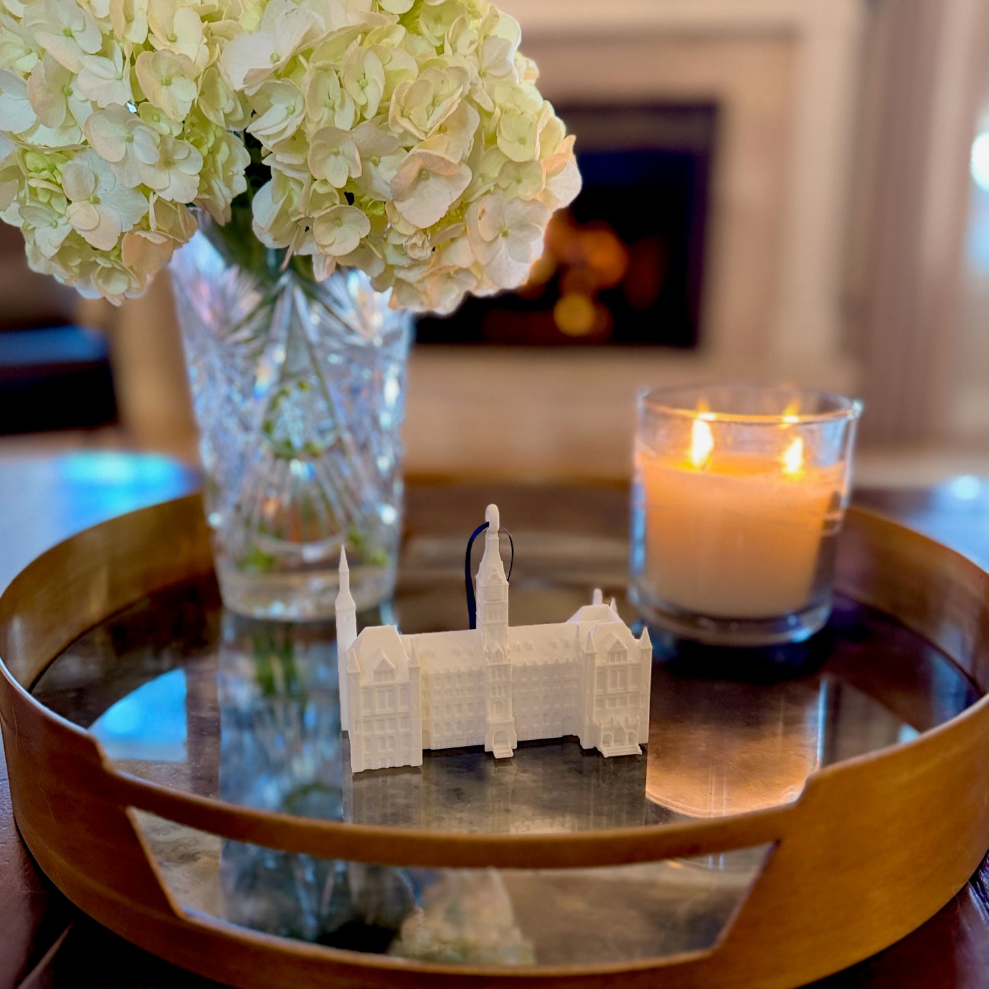The Georgetown University Ornament, shown in a home decorated for the Holidays.