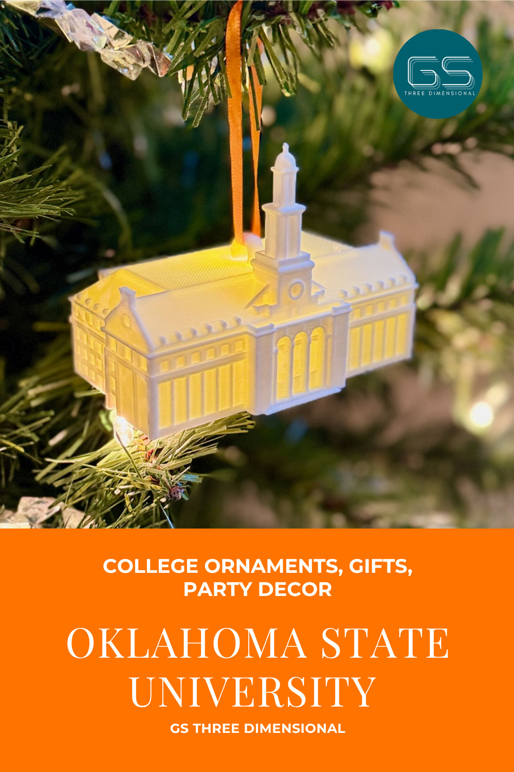 Oklahoma State University Christmas ornament of the Edmon Low Library building on a tree with 'GS Three Dimensional' branding.