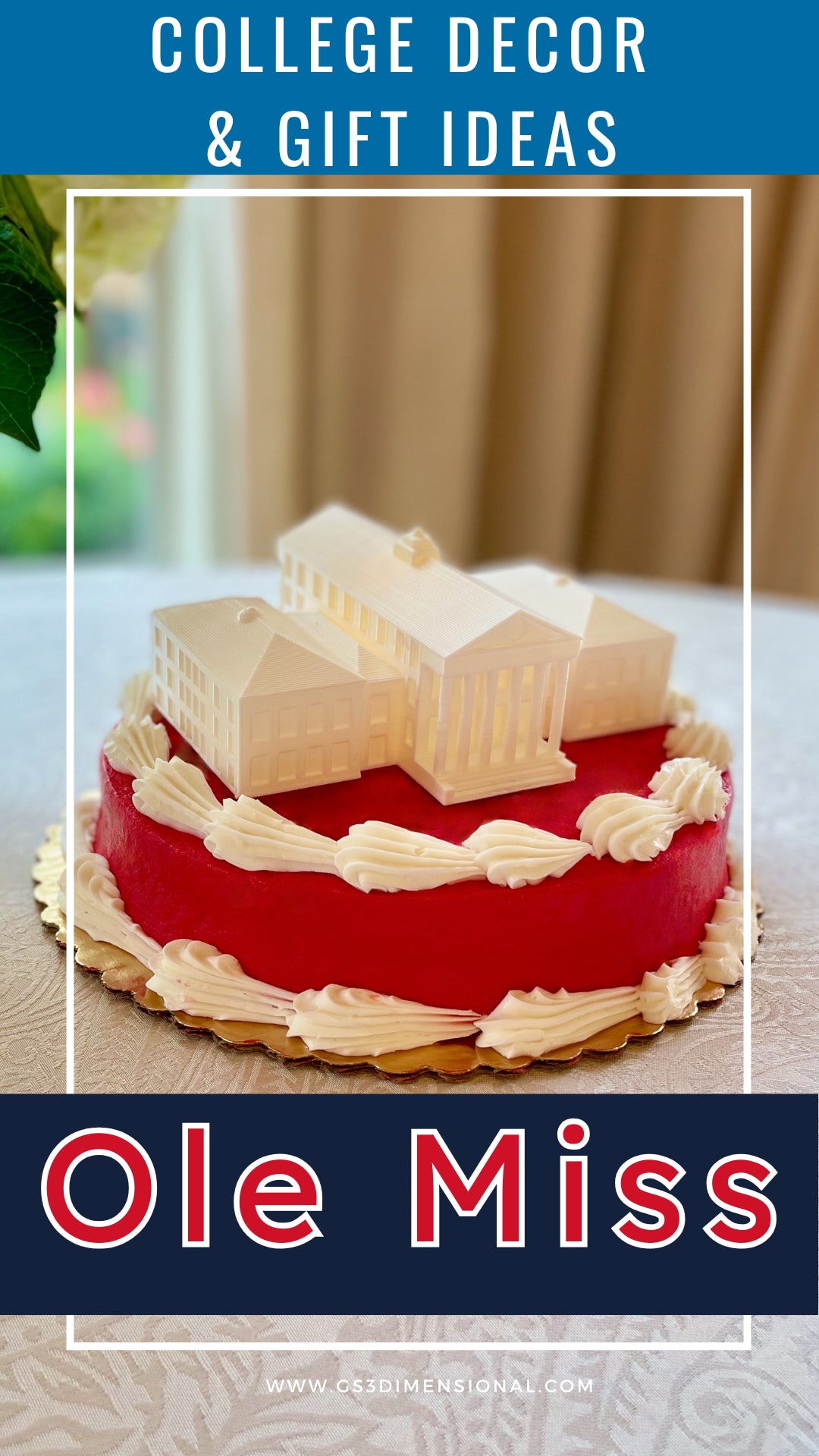 Decorative cake with 'Ole Miss' design on a graduation party table, featuring text about college decor and gift ideas.