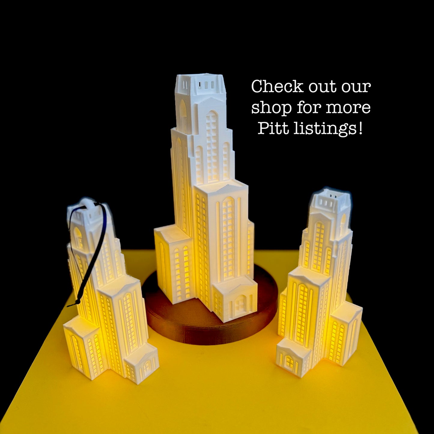 Gift ideas for Pitt studets: lamps, figurines and ornaments representing the Pitt Cathy building.