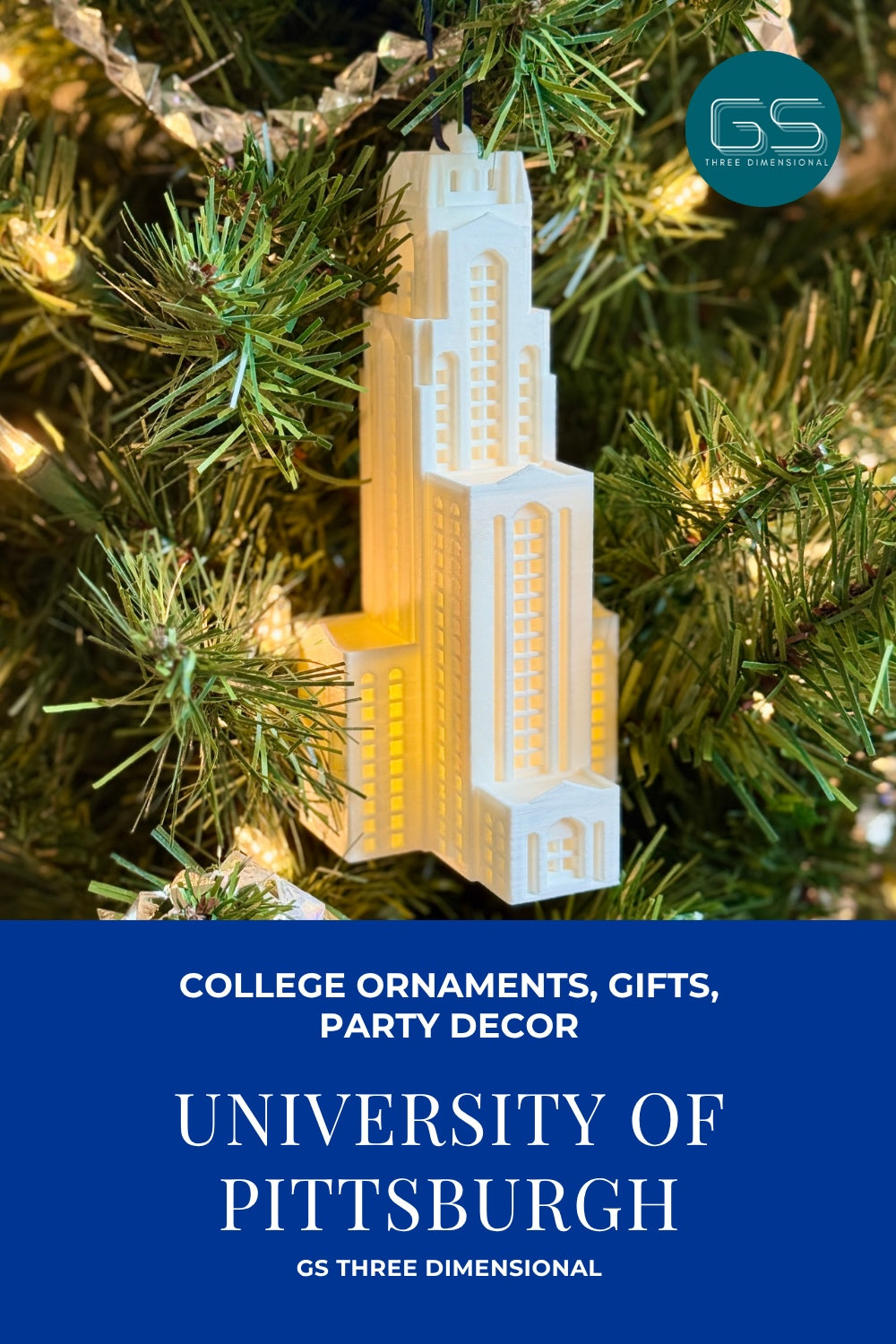 University of Pittsburgh ornament featuring the Pitt Cathy building and including an LED light.
