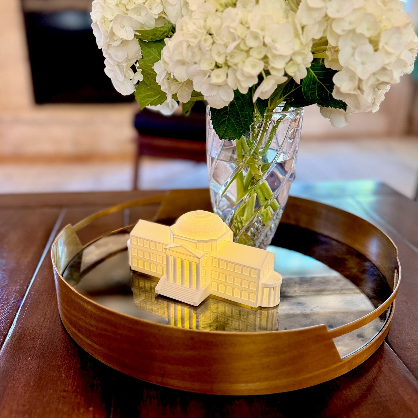 Detailed 3D printed model of SMU Dallas Hall with LED lighting, architectural collectible and college decor piece.
