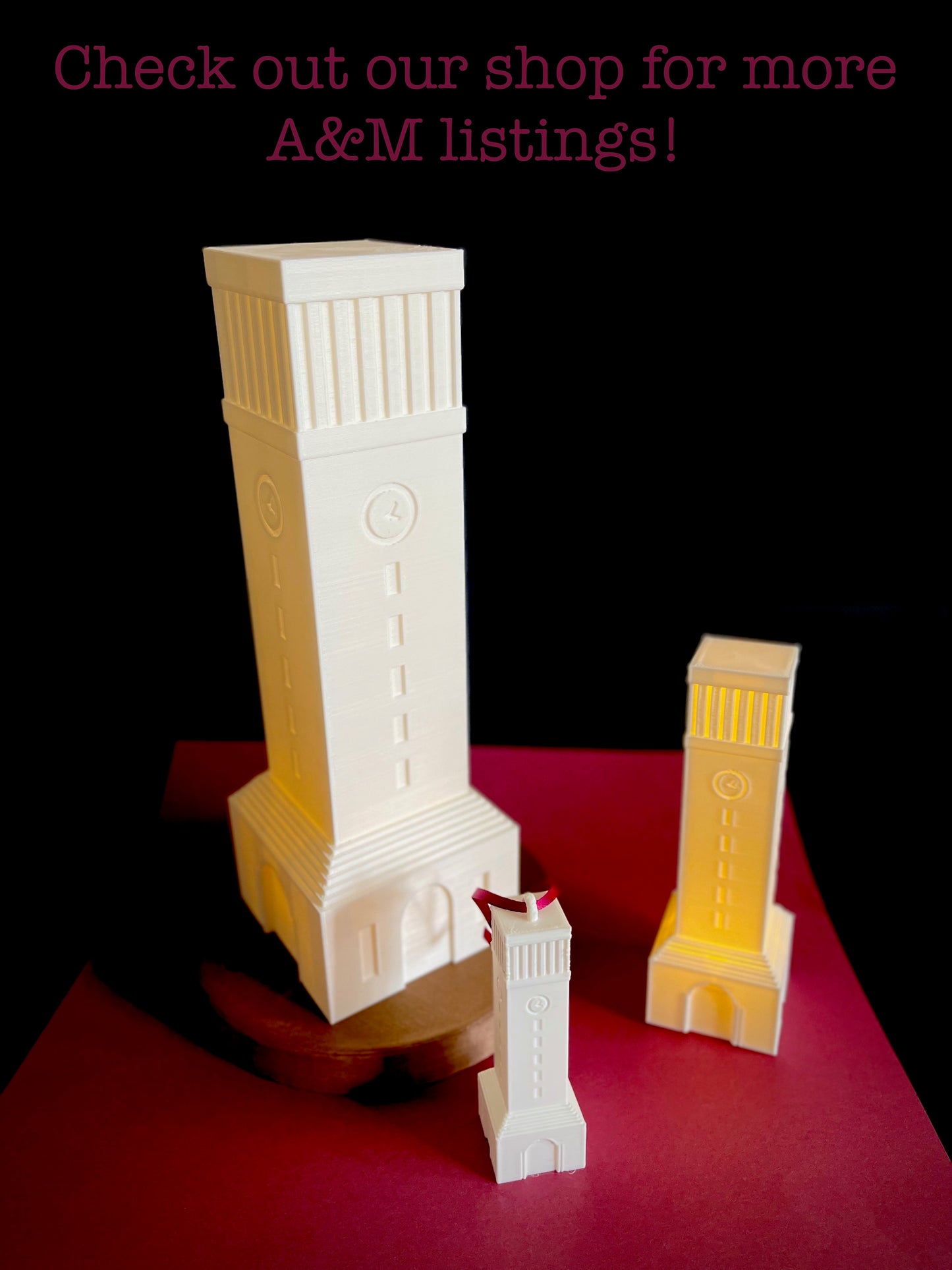 The Texas Aggie graduation gifts, designed as lights made to look like the A&M campus buildings, shown grouped together.