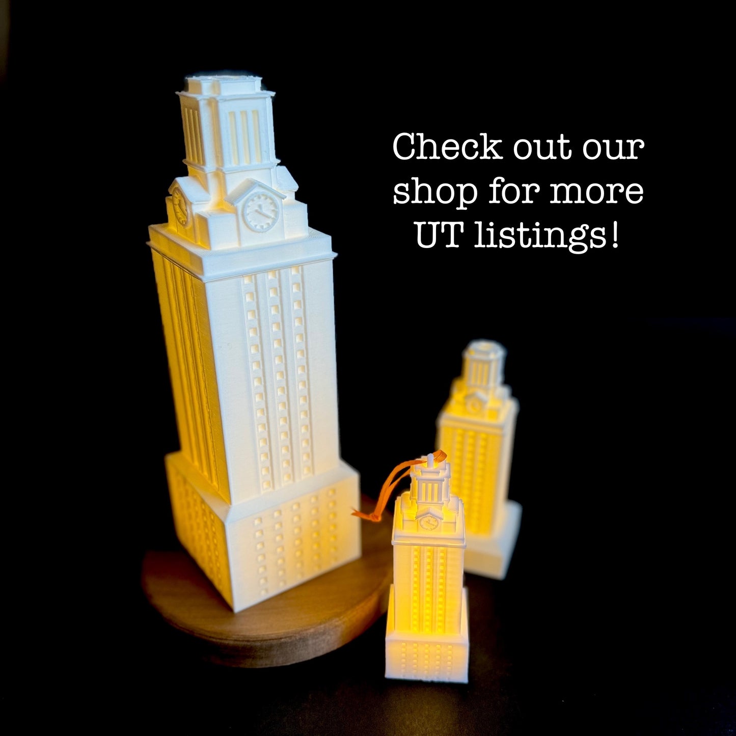The UT Tower decorations, shown in various sizes and used as a UT Tower gift or Texas Longhorns decor.
