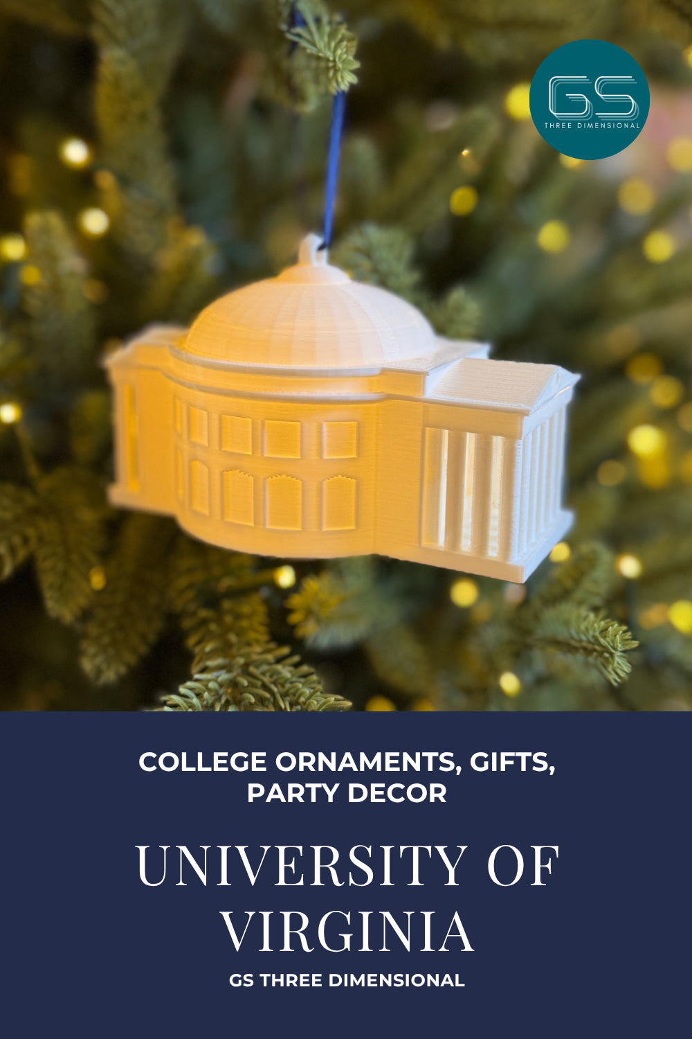 University of Virginia ornament on a Christmas tree with GS Three Dimensional branding.