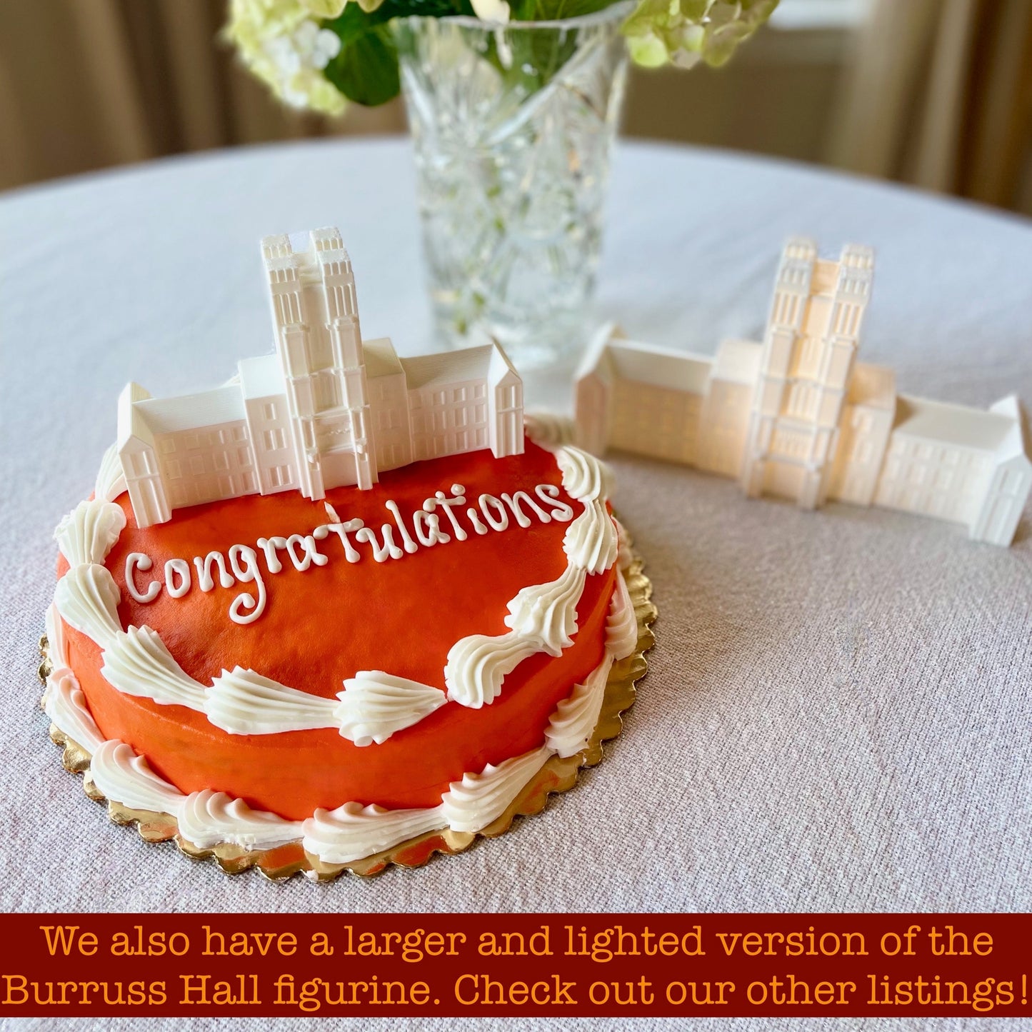 The Virginia tech cake topper, shown next to the Hokies party decoration.
