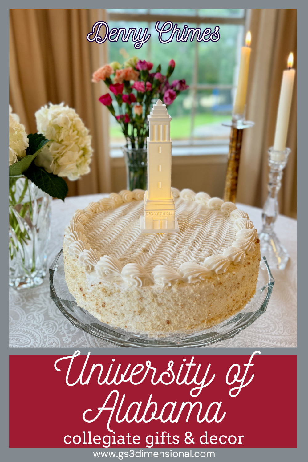 University of Alabama cake topper light featuring the Denny Chimes building, shown on a cake that could be for a graduation or a groom's cake.