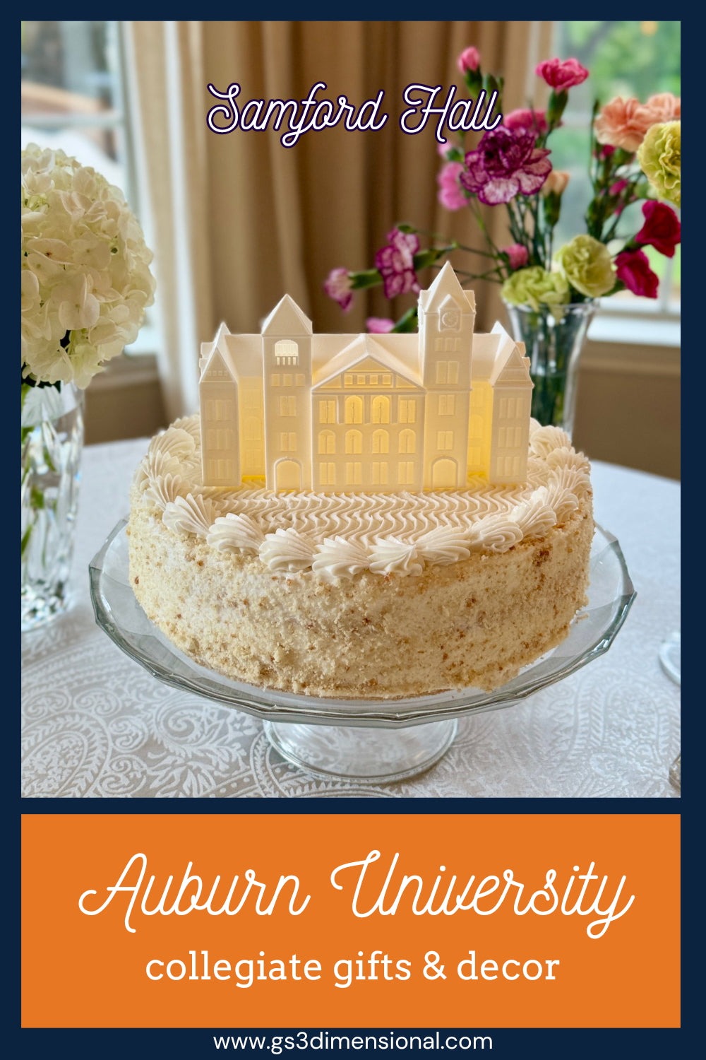 Auburn University cake topper light featuring the Samford Hall building and shown on a cake that could be for a graduation or for a groom's cake.