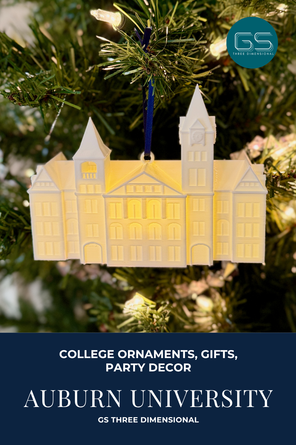 Auburn University Samford Hall ornament, shown on a christmas tree with GS Three Dimensional branding.