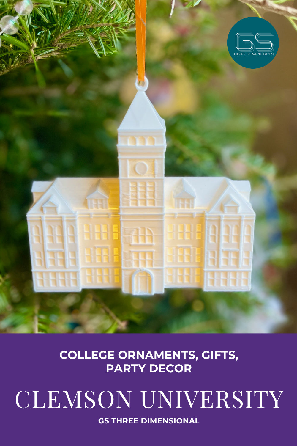 Clemson University Tillman Hall ornament on a tree with 'GS Three Dimensional' branding.
