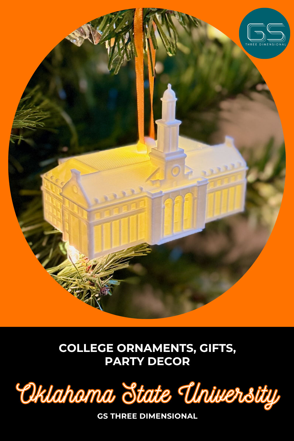 Oklahoma State University Christmas ornament of the Edmon Low Library building on a tree with 'GS Three Dimensional' branding.