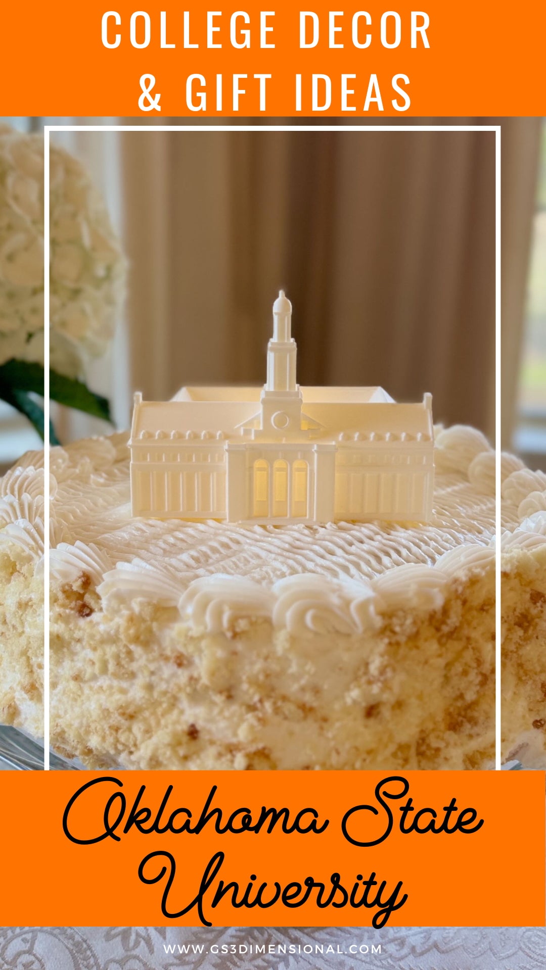 Decorative graduation cake with a 3d printed figurine of the Oklahoma State University Edmon Low Library building used as party decor and as a cake topper.