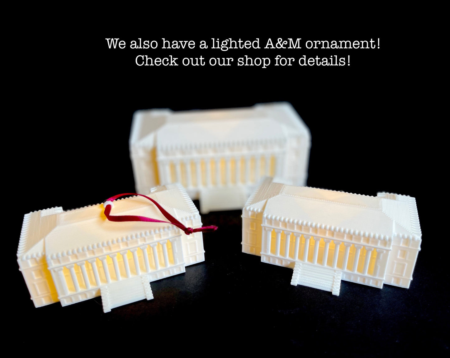 Texas A&M gift ideas: campus building figurines designed as the Administration Building, shown in varying sizes, alongside the Texas A&M ornament.