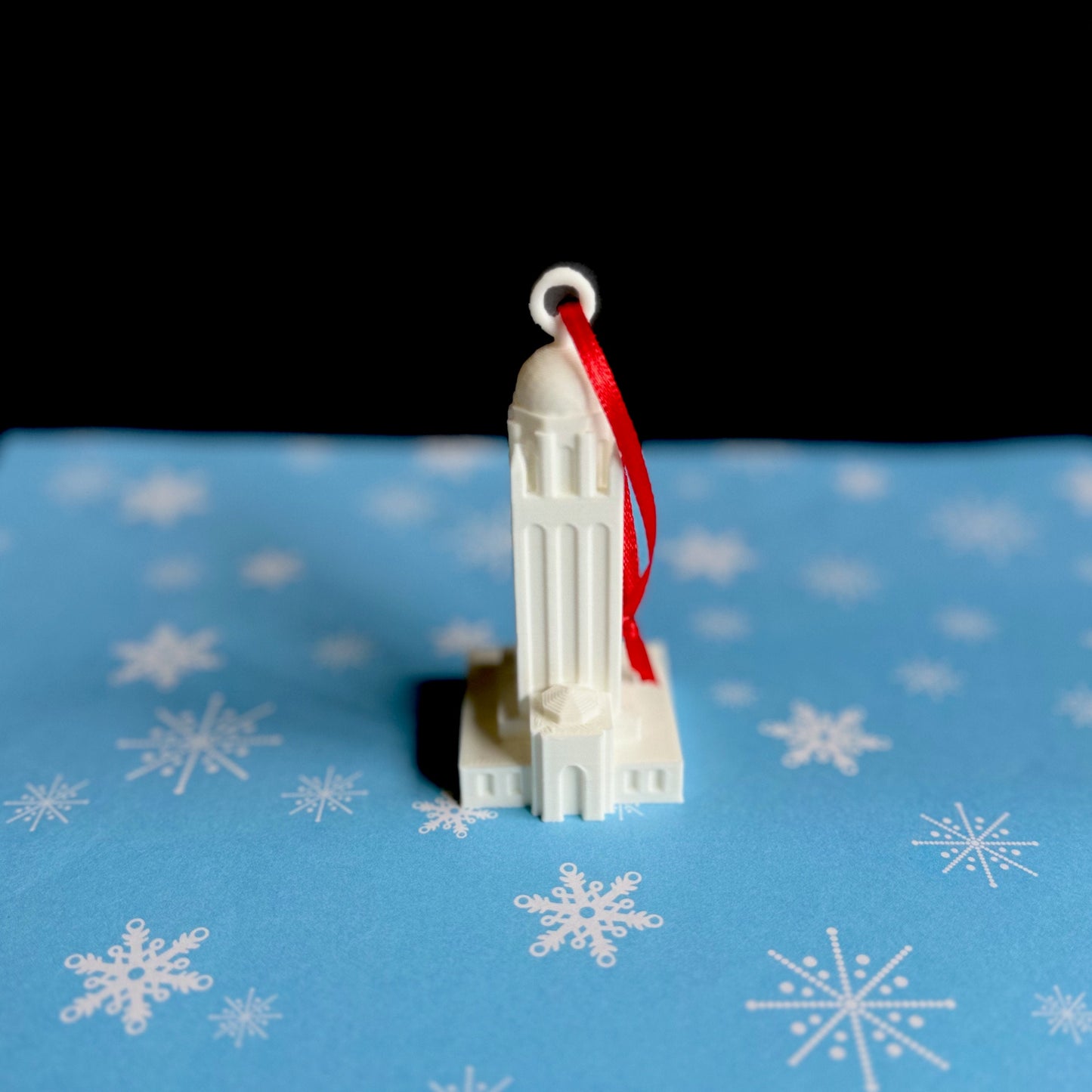 Front view of the Hoover Tower ornament, designed as a Christmas gift for Stanford students.