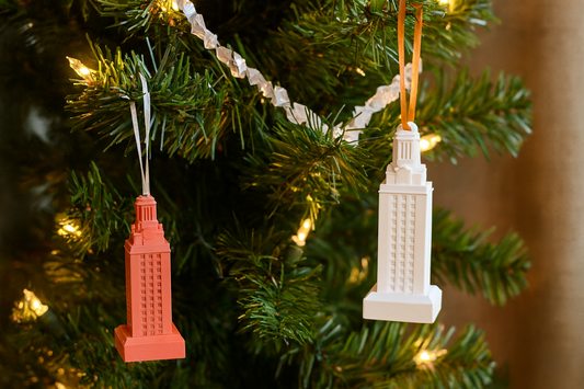 UT Tower ornaments shown on a University of Texas Longhorns tree.