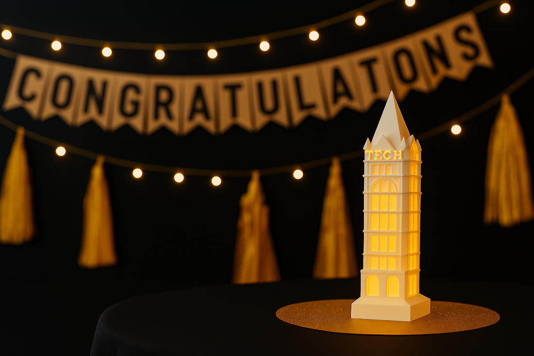 A Georgia Tech Tower decoration shown at a DIY graduation party.