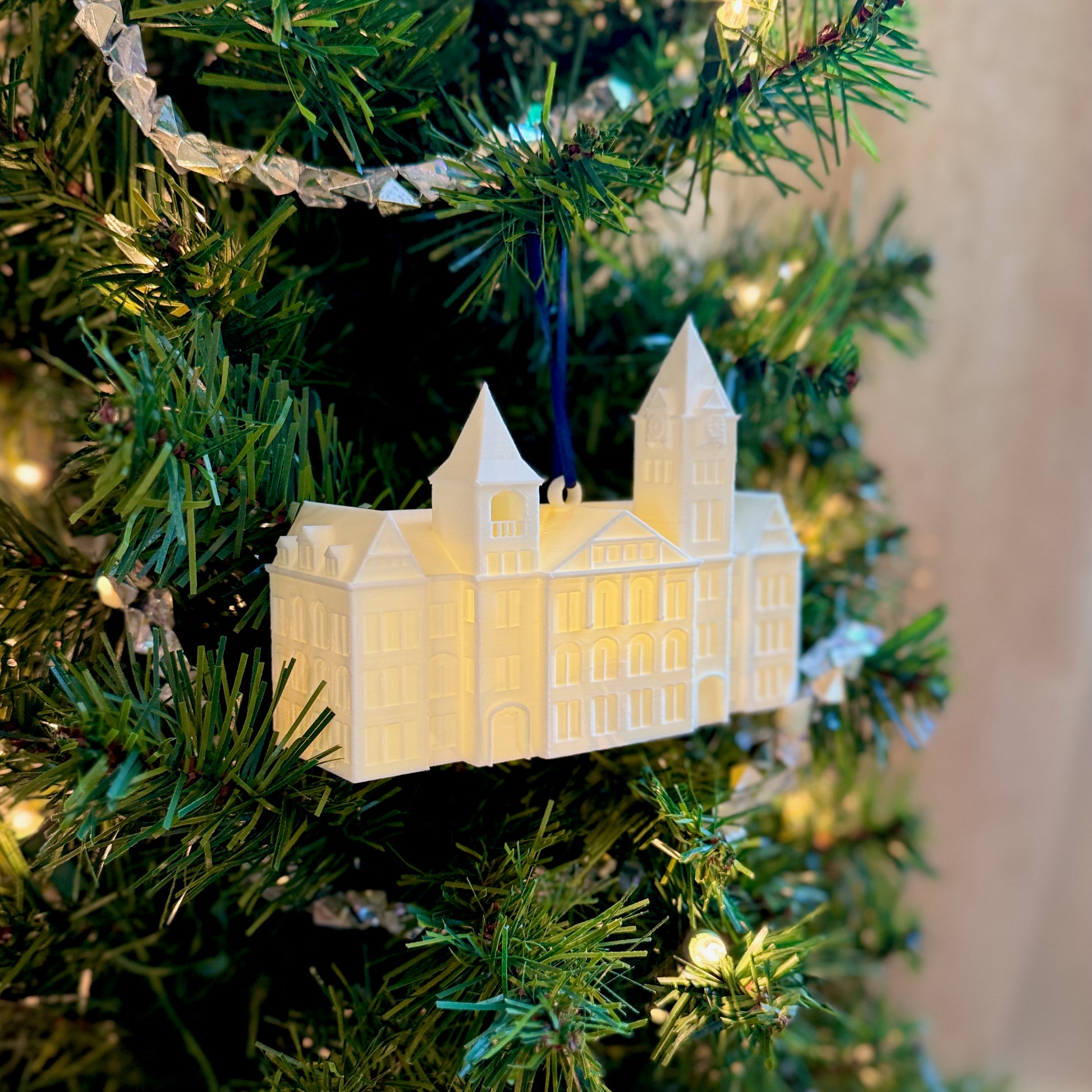 Auburn Christmas ornament featuring Samford Hall with LED lighting — ideal for college decor.