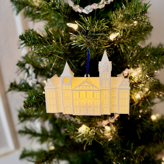 An Auburn University Tree, shown with a Samford Hall ornament with LED light.