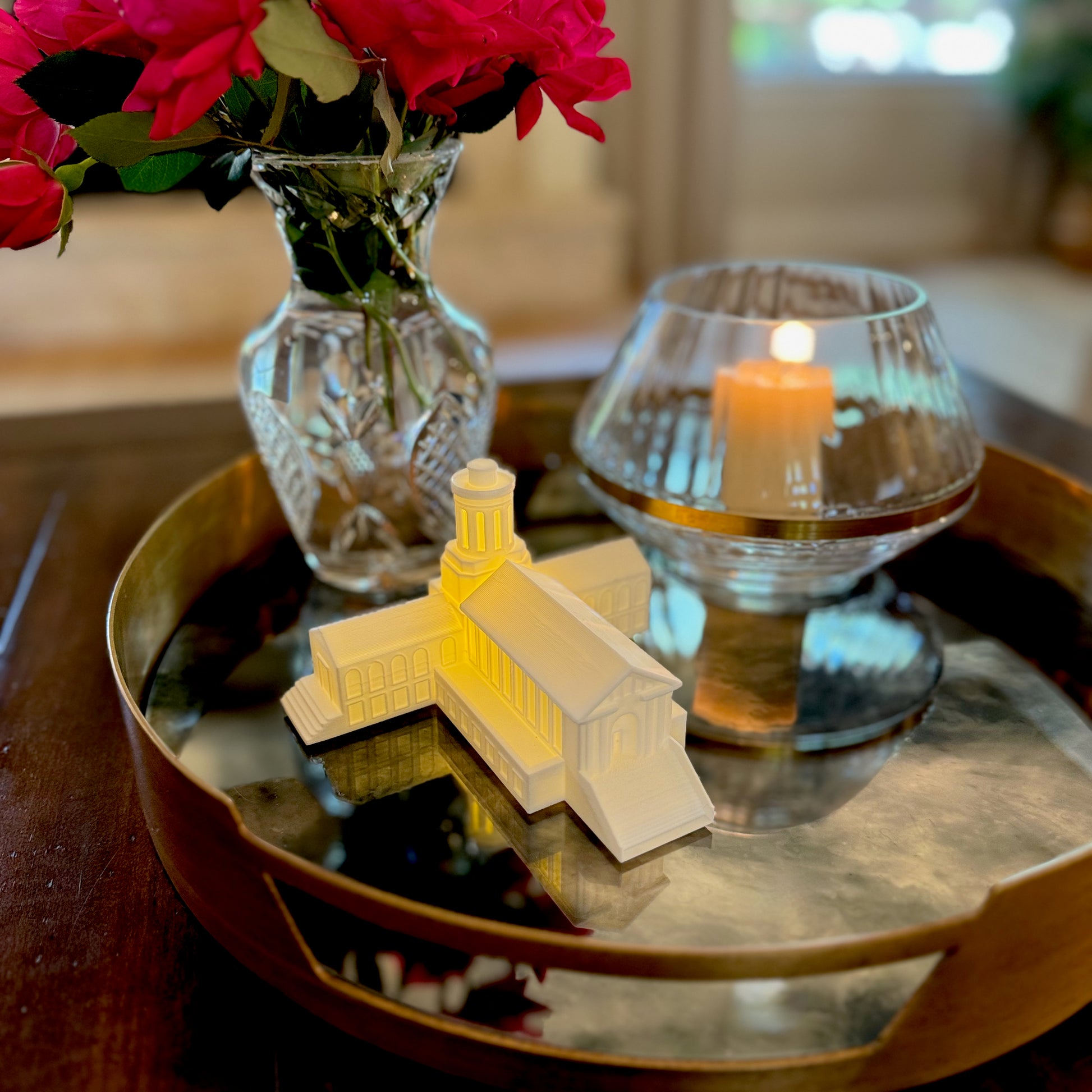 The Carnegie Mellon Hammerschlag Hall light, used as home decor and shown on a living room tray.