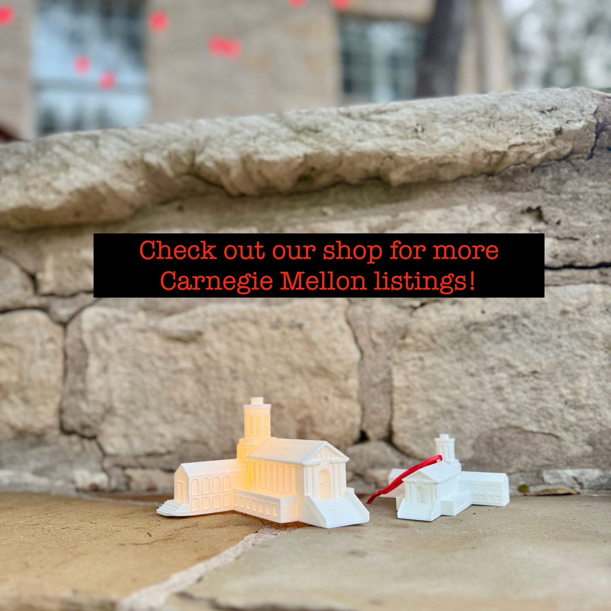 Carnegie Mellon Gift ideas, including and ornament and an LED lighted figurine designed as a replica of the Hamerschlag Hall building.