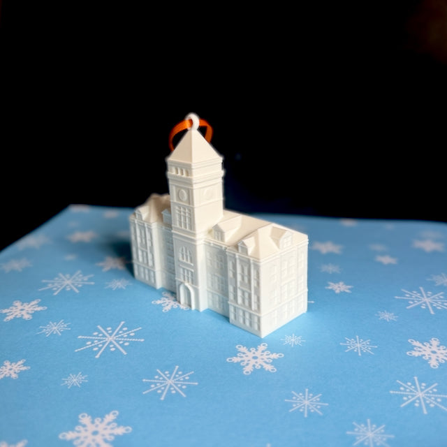 Clemson Tillman Hall ornament, shown from a side view.