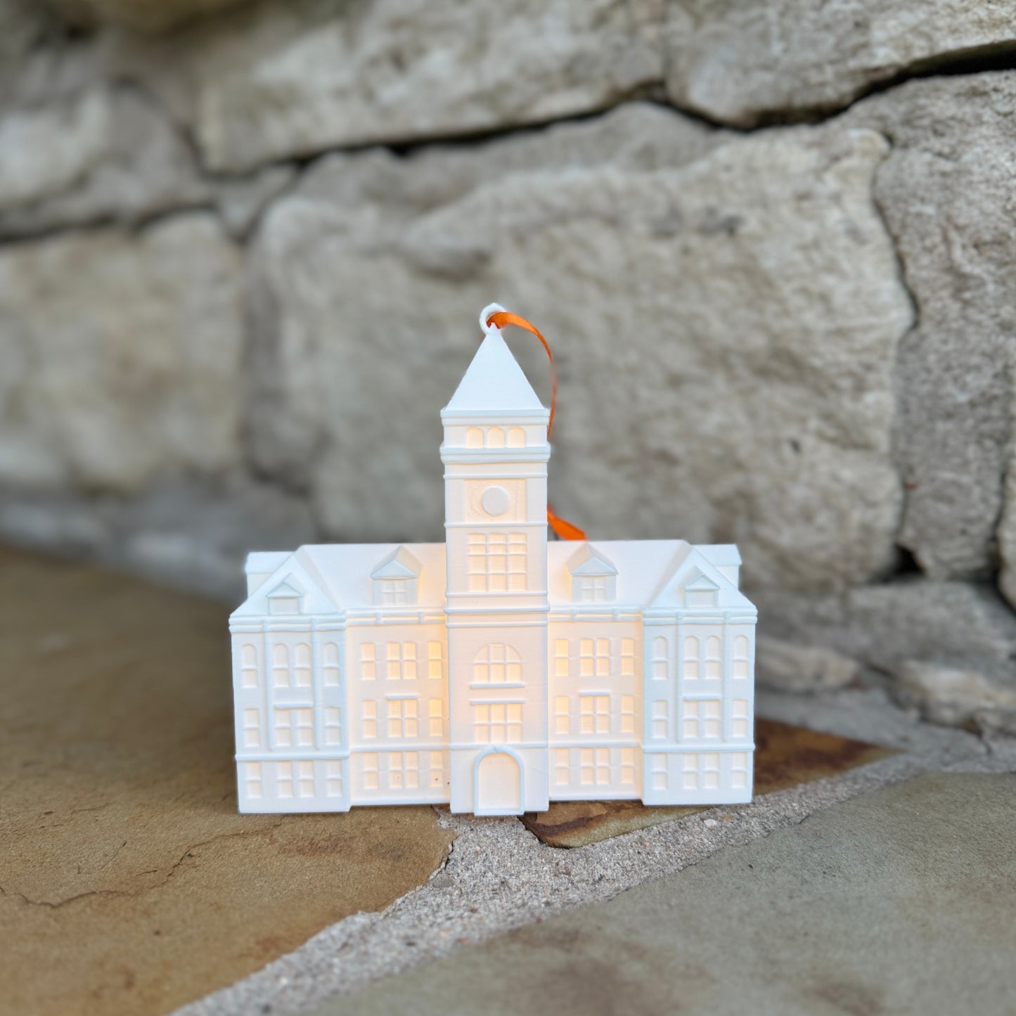 The Clemson ornament with a light, designed as Tillman Hall.