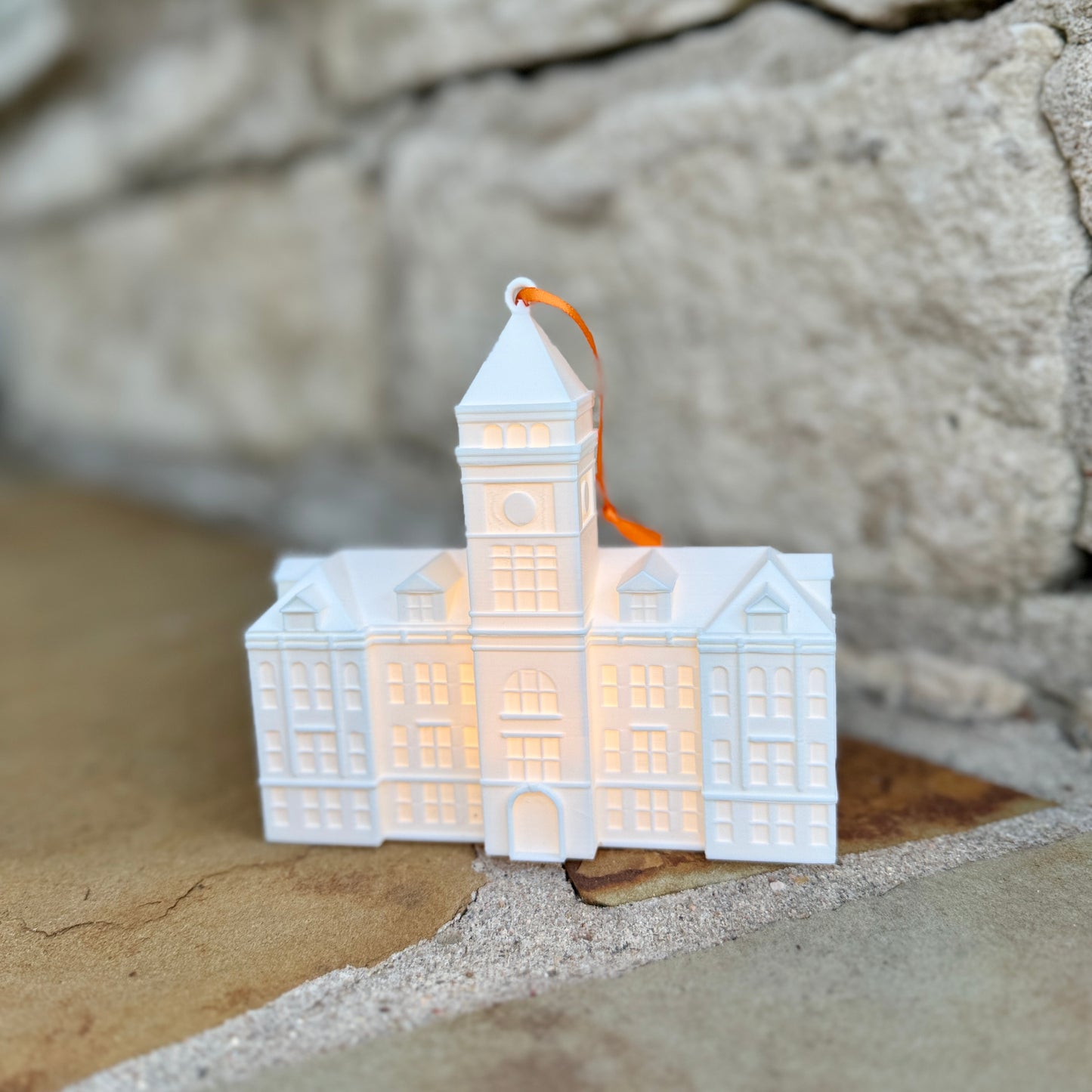 Clemson Christmas Gift Idea, an ornament of the Tillman Hall building with an LED light.