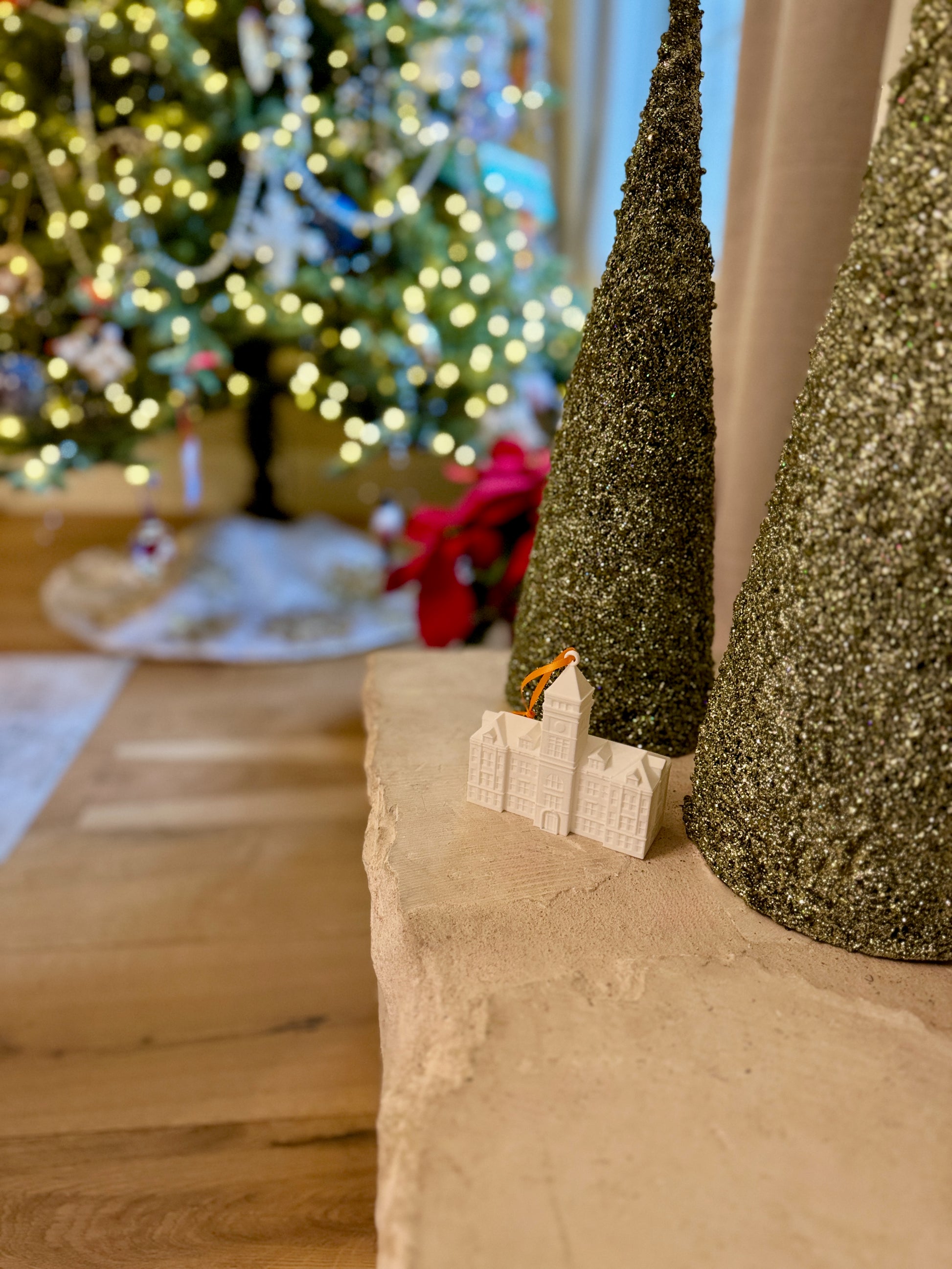 The Clemson alumni ornament shown in a home decorated for the Holidays.