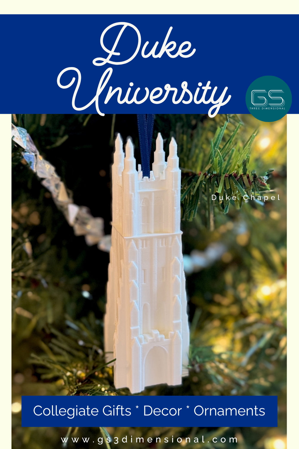 A Duke University Christmas ornament designed as the Chapel building on campus and shown on a Christmas tree.