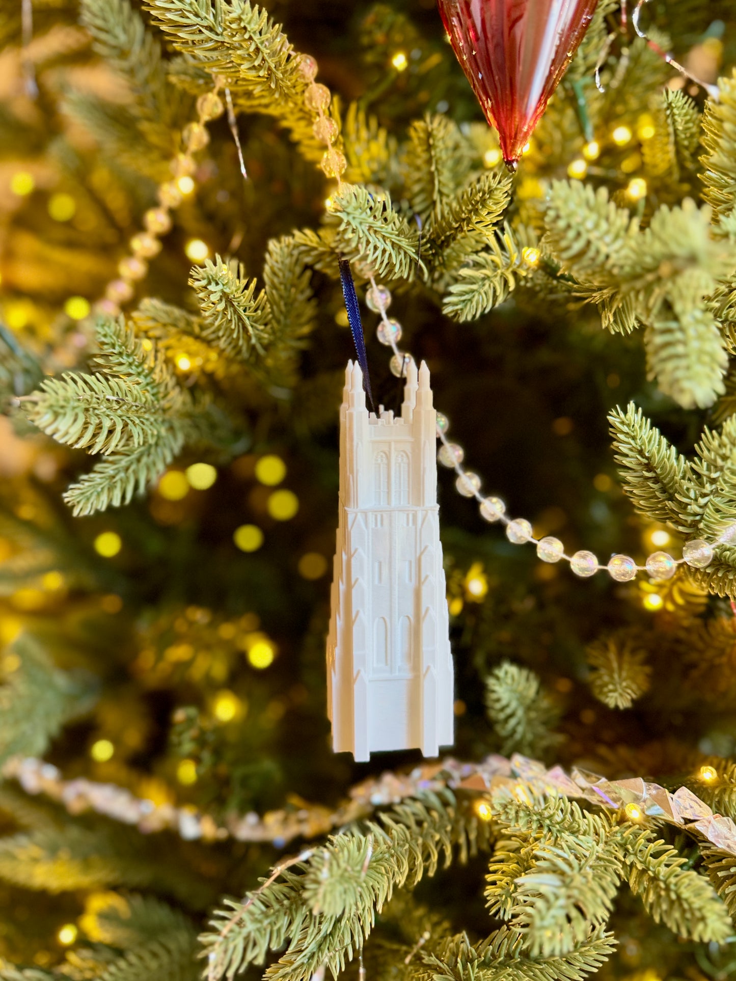 The Duke alumni ornament of the Chapel building on campus.