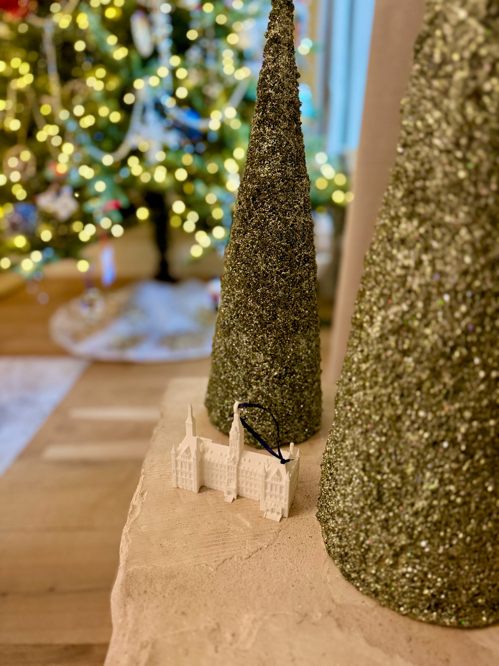 A Georgetown Christmas ornament, shown in a home decorated for the Holidays.