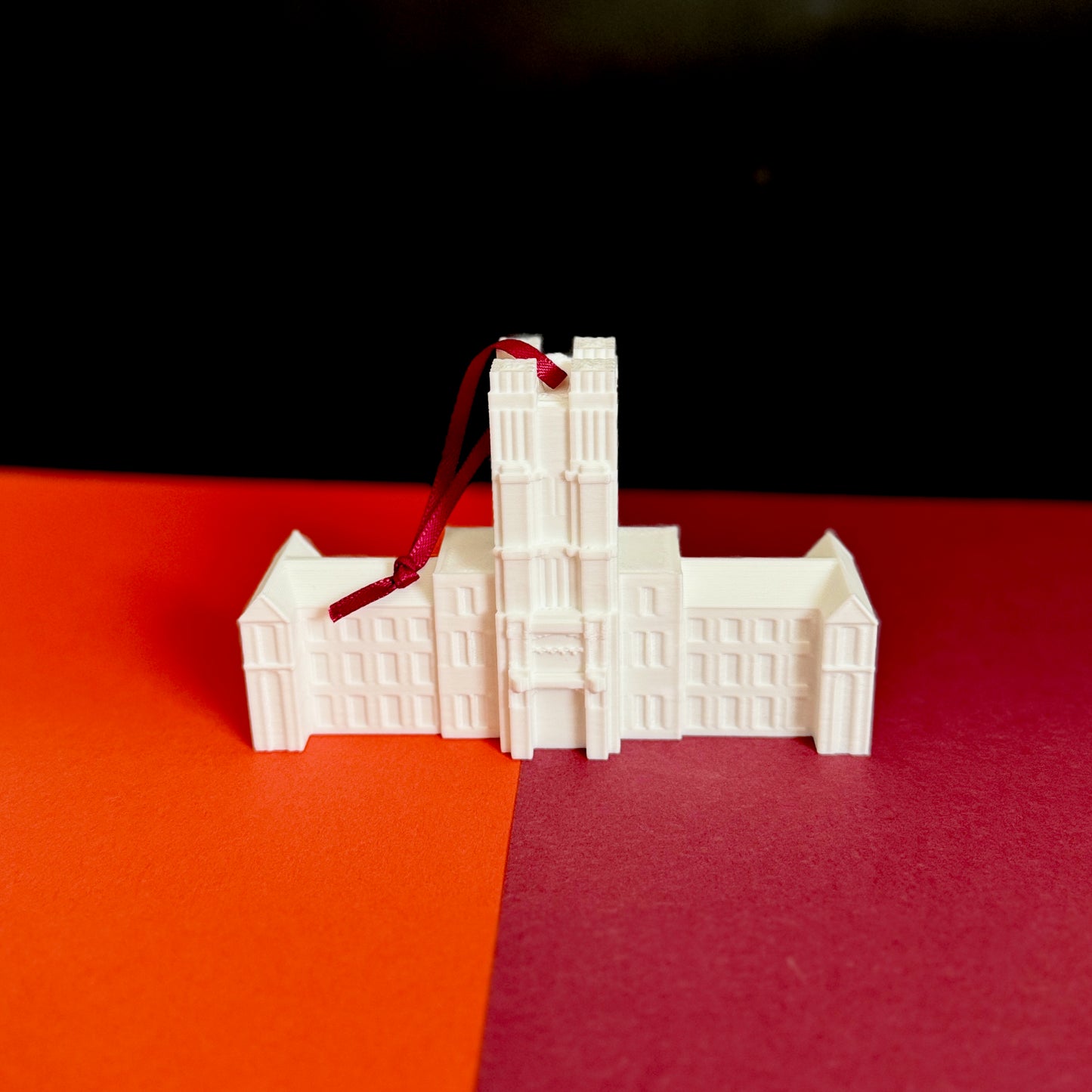 Hokies ornament of the Virginia Tech Burruss Hall building.