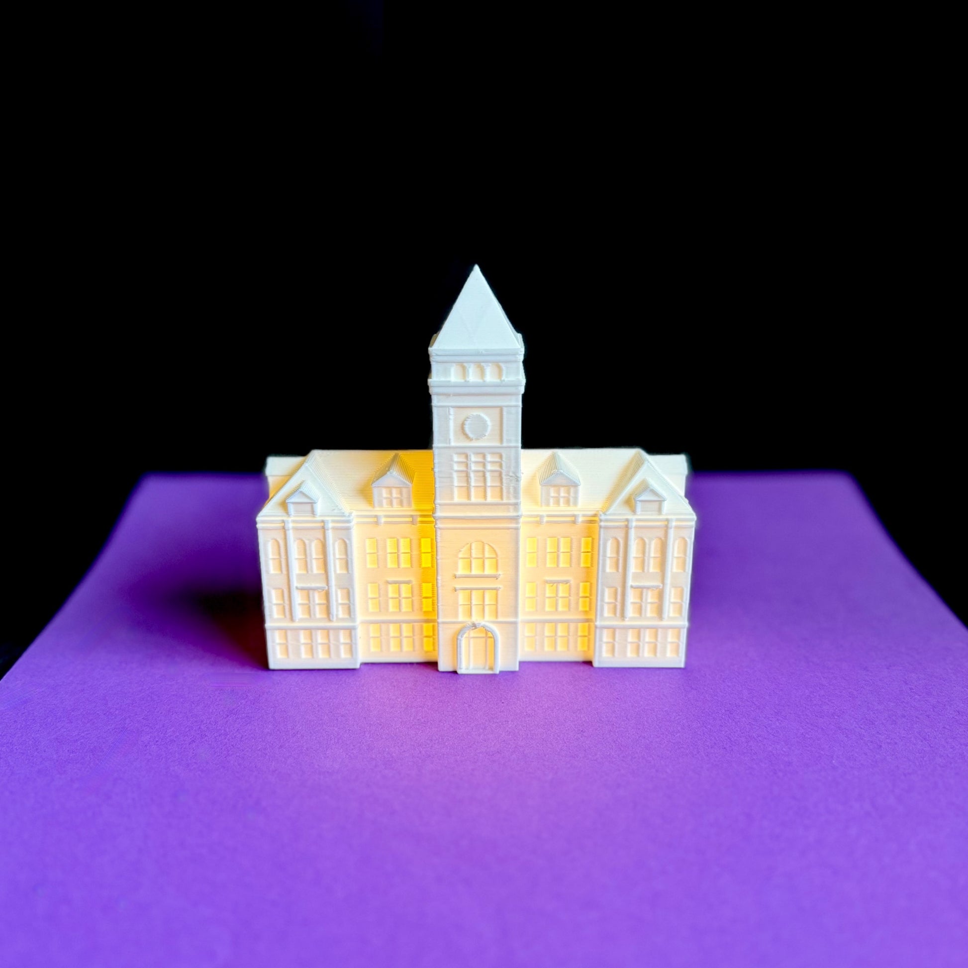 Front view of the 3D printed Clemson University graduation gift--a light designed as a replica of Clemson's Tillman Hall.