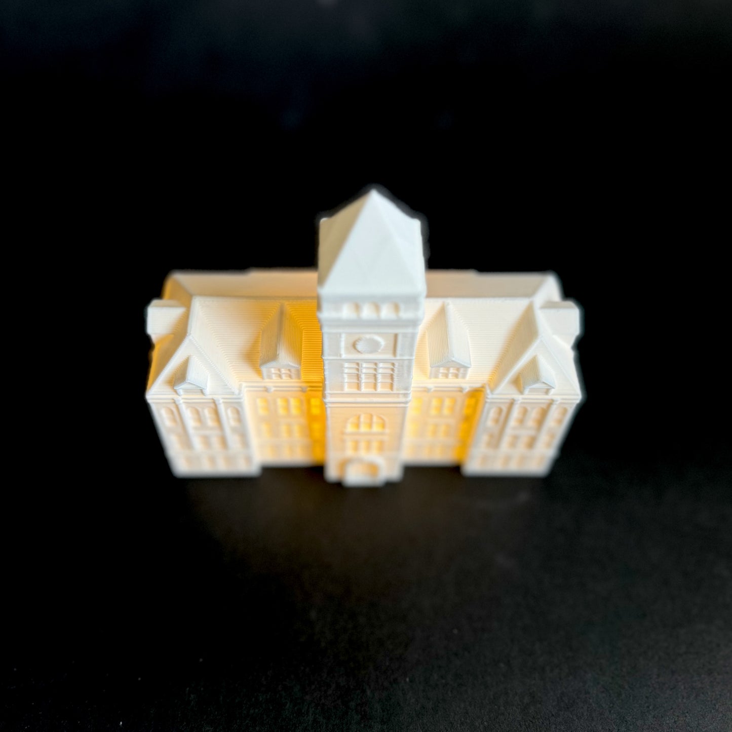 Top view of the Clemson University decoration, a lighted figurine of the Tillman Hall campus building.