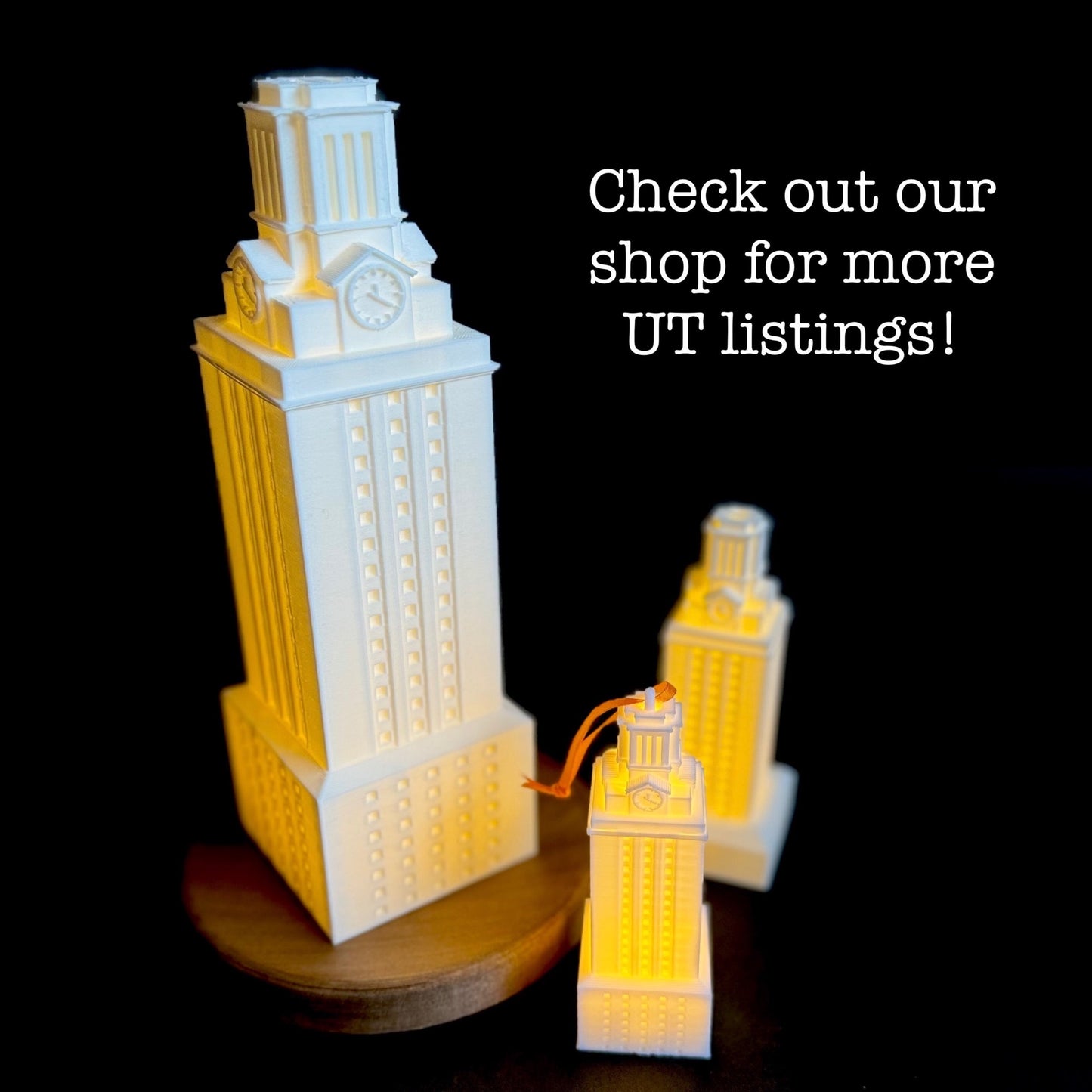 The University of Texas tower lights, shown next to the lighted UT Austin ornament.