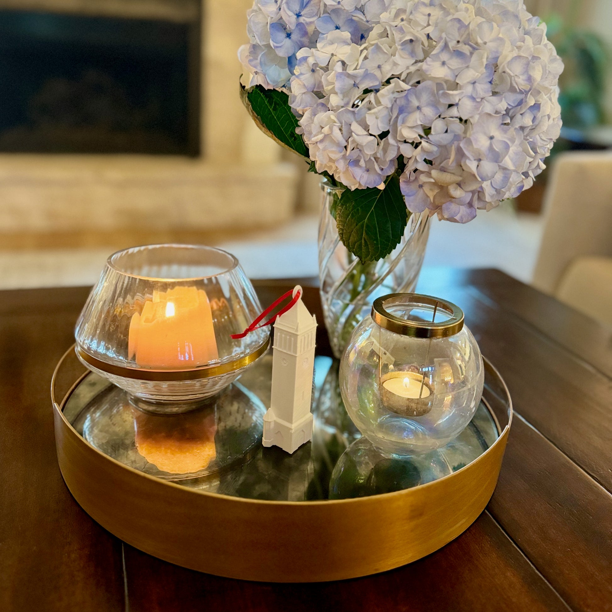 The Iowa State ornament, shown on a living room tray.