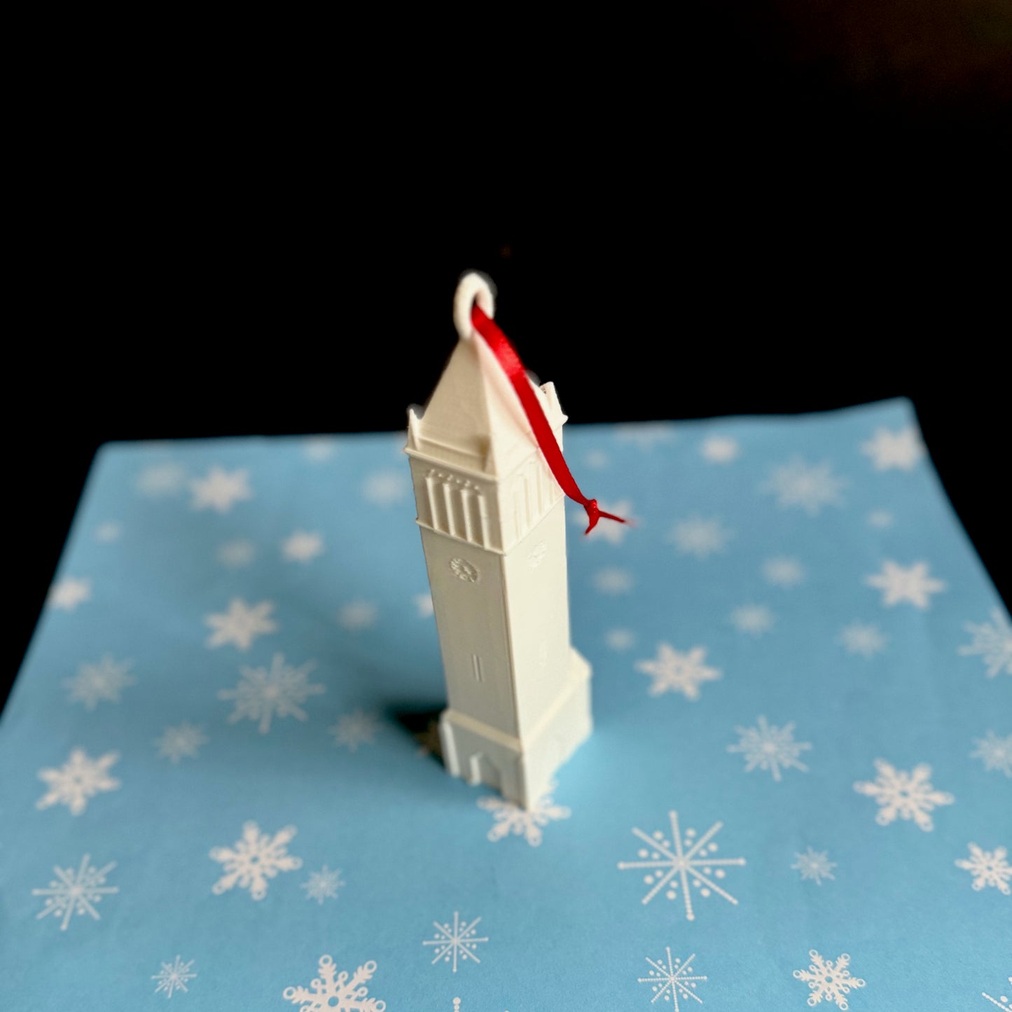 Top view of the Iowa State University ornament, designed as a replica of the Iowa State Campanile.