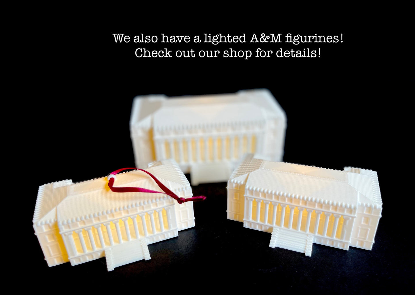 Varying sizes of the Texas A&M lighted figurines, next to the Texas A&M ornament with light.