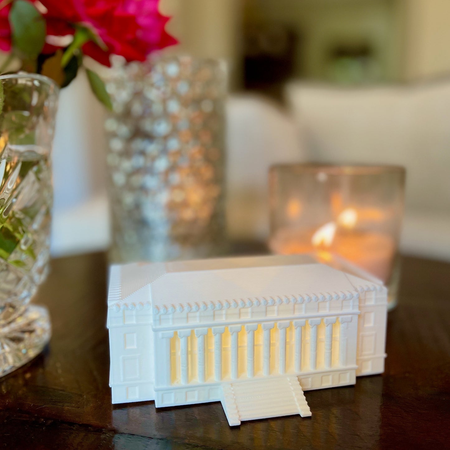 Front view of the Texas A&M lighted figurine, shown on a living room side table.