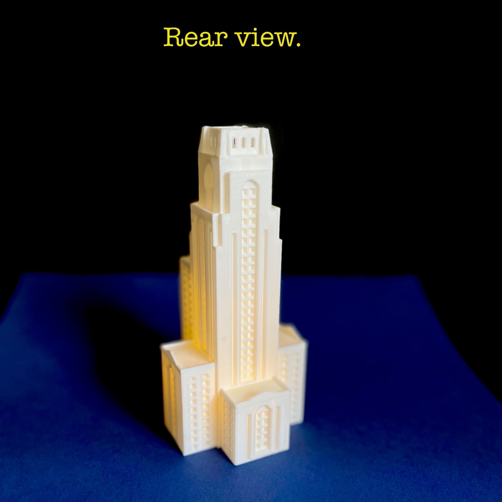 Rear view of the lighted University of Pittsburgh campus keepsake (lighted figurine).