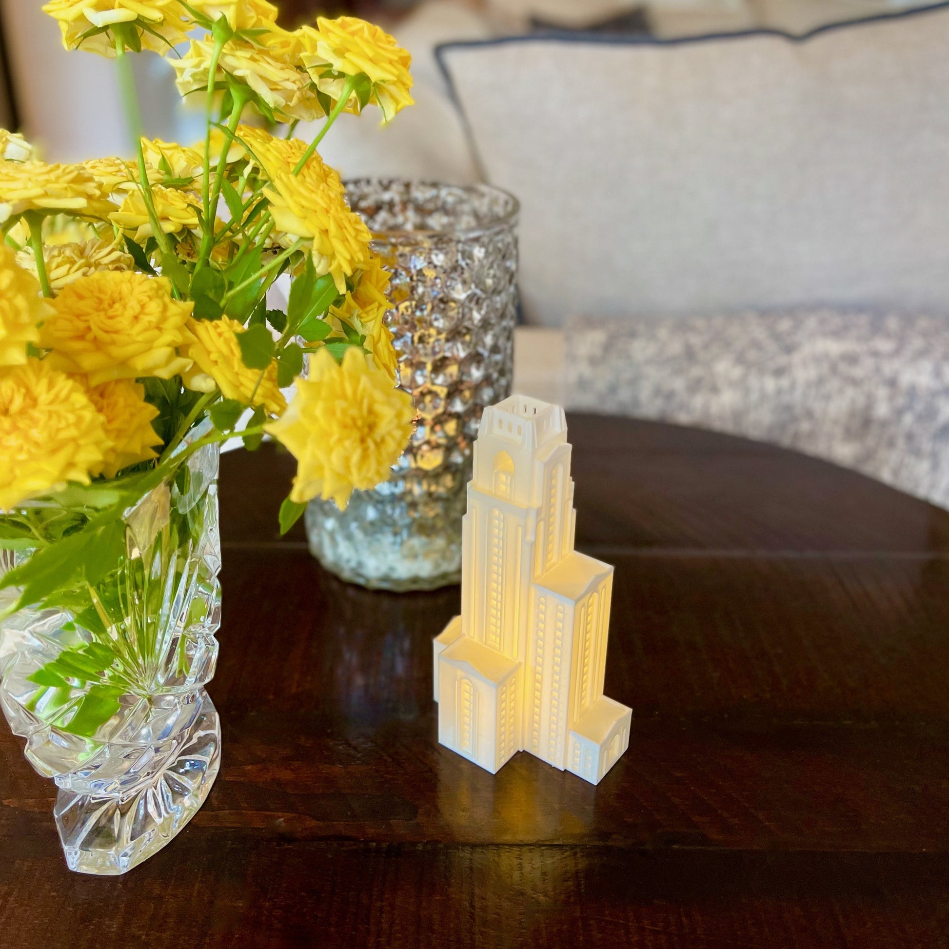 The University of Pittsburgh Cathedral of Learning decoration light, shown on a side table.