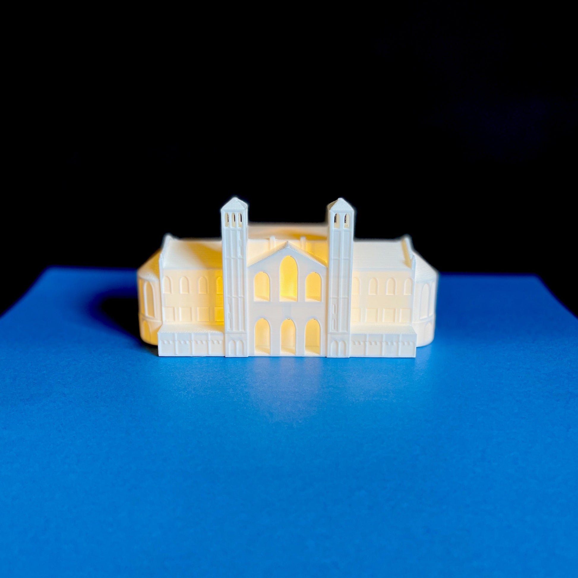 Front view of the UCLA cake topper, used as a groom's cake topper and designed in honor of the UCLA Royce Hall.